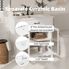30 Inches Bathroom Vanity with Tempered Glass, Modern Bathroom Cabinet with Rubber Wood legs and Soft close Doors, White
