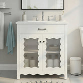 30 Inches Bathroom Vanity with Tempered Glass, Modern Bathroom Cabinet with Rubber Wood legs and Soft close Doors, White