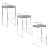 Fuji 30" Contemporary Stackable Barstool in Stainless Steel with Grey Faux Leather Cushion by LumiSource - Set of 3