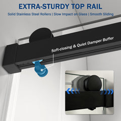 56" - 60" (W) x 76" (H) Frameless Soft-closing Shower Door, 1/4" (6mm) Tempered Glass Single Sliding with Explosion-proof Film, Matte Black GF-24D01-60MBX