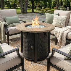 30" Propane Gas Fire Pit Table, 50000 BTU Round Steel Fire Pit with Imitation Wood Grain Finish for Outside Patio Deck Garden Backyard- Black