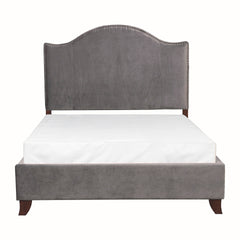 Modern Traditional Bedroom Gray Velvet Upholstered Full Bed Camelback Headboard Nailhead Trim Solid Wood Furniture 1pc Panel Bed