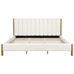 King Size Bed Frame with Boucle Upholstered Thick Headboard, Solid Wooden Legs, White