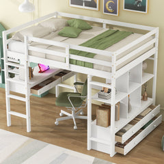 Full Size Loft Bed with Built-in Desk with Two Drawers, and Storage Shelves and Drawers,White