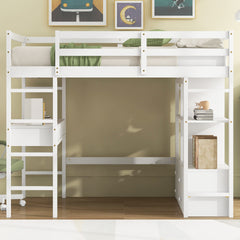 Full Size Loft Bed with Built-in Desk with Two Drawers, and Storage Shelves and Drawers,White