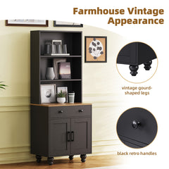 ON-TREND Farmhouse Storage Cabinet with 4 Solid Wood Gourd-Shaped Legs, Modern Kitchen Pantry Cabinet with Adjustable Shelves, 5 Tier Bookshelf with Drawer for Living Room, Black