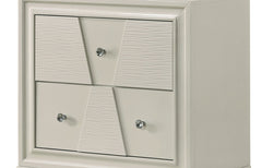 Textured Trapezoid Front Panels Nightstand English Dovetail Drawers Round Knobs Central Metal Glide White Finish Bedroom Furniture