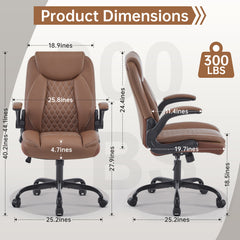 Leather Office Ergonomic Home Office Desk Chair, Back Support Swivel Executive Office Chair with Wheels and Flip-Up Armrests, Small Gaming Chair with Adjustable Rocking Function, Brown