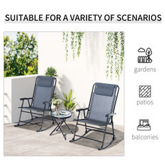 Outsunny 3 Piece Outdoor Rocking Bistro Set, Patio Folding Chair Table Set with Glass Coffee Table for Yard, Patio, Deck, Backyard, Grey