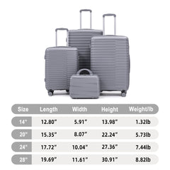 14"/20"/24"/28" 4 pcs/set in PP Spinner Wheel Luggage, Carry on Suitcase, Iron Pull Rod, Combination Password Lock, 14" Cosmetic Case (Light Gray)