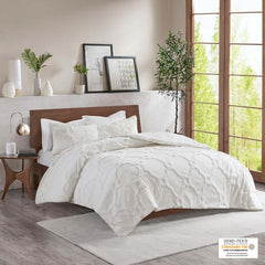 3 Piece Tufted Cotton Chenille Geometric Comforter Set Off-White King/Cal King