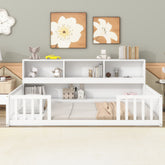 Twin Floor Bed with Bedside Bookcase,Shelves,Guardrails,White