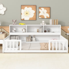 Twin Floor Bed with Bedside Bookcase,Shelves,Guardrails,White