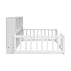 Twin Floor Bed with Bedside Bookcase,Shelves,Guardrails,White
