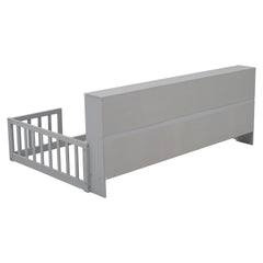 Twin Floor Bed with Bedside Bookcase,Shelves,Guardrails,White