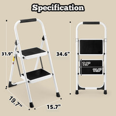 2 Step Ladder, Folding Step Stool with Anti-Slip and Wide Pedal, Lightweight Stepladder with Handrails, Portable for Kitchen, Household, 330LBS, White