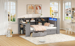 Wood Twin Size Platform Bed with Storage Shelves, Drawers, Charging Station, LED, Desk and Upholstered Headboard, Grey+ Grey Cushion