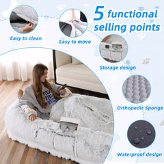 Human Dog Bed, Washable Faux Fur Dog Bed for People Doze Off, Napping Orthopedic Dog Bed,71''x45''x14'' Size Fits You and Pets (Grey) - Blankets and Pillows NOT INCLUDED