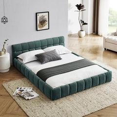 Queen Size Upholstered Bed Frame with Thick Fabric, Chenille Fabric Grounded Queen Size Platform Bed with Headboard and Solid Frame. No Box Spring Needed, GREEN(68''*86.5''*23.5'')