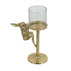 Set of 2 Gold Rabbit Pillar Candle Holder with Clear Glass Hurricane Shade, S:7x4x7.5" L:7.9x4x11"