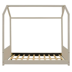 Full Size Velvet House Bed Wood Bed, Beige