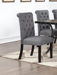 Classic Dining Room Furniture Natural Wooden Rectangle Top Dining Table 6x Side Chairs Charcoal Fabric Tufted Toll Back Top Back Chair and Storage Shelve 7pc Dining Set