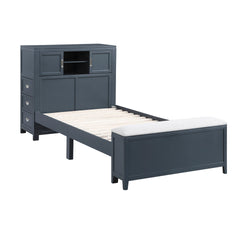 Navy Blue Finish Twin Platform Bed with Bookcase Headboard Drawers Hidden Desk Stool Footboard Storage Bench Bedroom Furniture 1pc