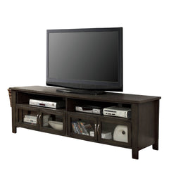Transitional Style TV Console Base With Dual Cabinet And Two Open Shelves 3mm Tempered Glass On Cabinet Doors Rear Wearing Access Gray Finish