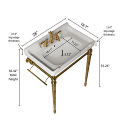 VICI 28" Bathroom Console Sink, Wall-Mounted White Ceramic Vanity Basin with 3 Pre-drilled Faucet Holes, Freestanding Stainless Steel Support Legs with Towel Bar, No Faucet & Sink Cover, Gold Color