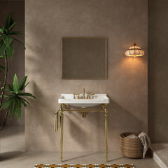 VICI 28" Bathroom Console Sink, Wall-Mounted White Ceramic Vanity Basin with 3 Pre-drilled Faucet Holes, Freestanding Stainless Steel Support Legs with Towel Bar, No Faucet & Sink Cover, Gold Color