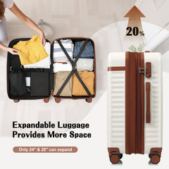 Luggage Set of 3, 20inch with USB Port, front opening design Airline Certified Carry on Luggage, ABS Hard Shell Luggage with Spinner Wheels,White and Brown