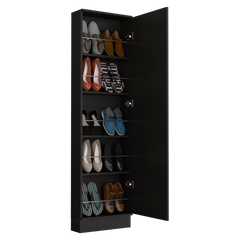 Shoe rack 67" H, five internal Storage Shelves, a mirror, a door, approximate capacity of 10 pairs of shoes, black
