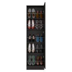 Shoe rack 67" H, five internal Storage Shelves, a mirror, a door, approximate capacity of 10 pairs of shoes, black