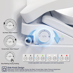 Smart Bidet Toilet Seat with Side Knob Adjustable Heated Seat with Water Temperature and Pressure Adjustment Portable Bidet with Automatic Nozzle Cleaning