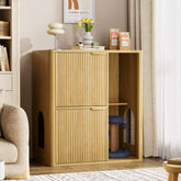 31.5-inch Light Wood Cat Litter Cabinet with Cat Tree - Grooved Concealed Litter Furniture Featuring Dual Cat Doors and Storage Shelves, Versatile Pet Cabinet for Living Rooms or Bedrooms