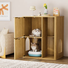 31.5-inch Light Wood Cat Litter Cabinet with Cat Tree - Grooved Concealed Litter Furniture Featuring Dual Cat Doors and Storage Shelves, Versatile Pet Cabinet for Living Rooms or Bedrooms
