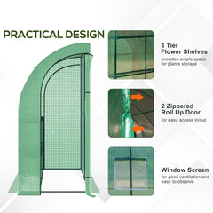 Outsunny 7' x 3' x 7' Lean to Greenhouse, Walk-In Green House, Plant Nursery with 2 Roll-up Doors and Windows, PE Cover and 3 Wire Shelves, Green