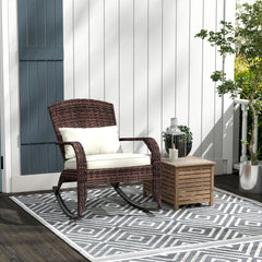 Outsunny Outdoor Wicker Adirondack Rocking Chair, Patio Rattan Rocker Chair with High Back, Seat Cushion, and Pillow for Garden, Porch, Balcony, Cream White