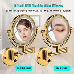 8 Inch LED Wall Mount Two-Sided Magnifying Makeup Vanity Mirror, 12 Inch Extension Gold Finish, 1X/3X Magnification, 360 Degree Rotation, Waterproof Button Shaving Mirror