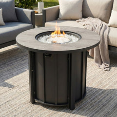 30" Propane Gas Fire Pit Table, 50000 BTU Round Steel Fire Pit with Wood Grain Ceramic Tabletop for Outside Patio Deck Garden Backyard- Black