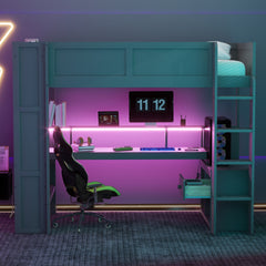 Wood Twin Size Gaming Loft Bed with Desk, Multi-storage Shelves, LED and Charging Station, Dark Gray