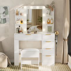 Vanity Table with Mirror and Lights, Vanity Desk and Cushioned Stool Set with Charging Station, Storage Drawers and Transparent Tabletop for Women Girls Bedroom, White