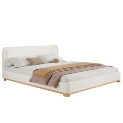 King Size Bed Frame With Boucle Upholstered Curved Headboard, Solid Wood Base And Legs, White