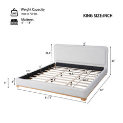 King Size Bed Frame With Boucle Upholstered Curved Headboard, Solid Wood Base And Legs, White