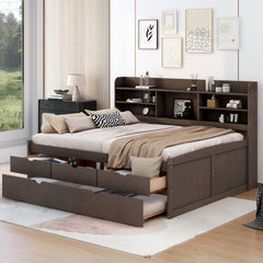 Full Size Wooden Captain Bed with Built-in Bookshelves,Three Storage Drawers and Trundle,Antique Brown