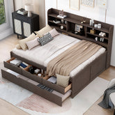 Full Size Wooden Captain Bed with Built-in Bookshelves,Three Storage Drawers and Trundle,Antique Brown