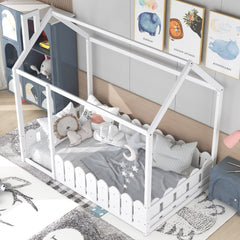 Twin Size Wood Bed House Bed Frame with Fence,for Kids,Teens, Girls,Boys {White}