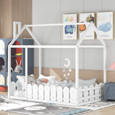 Twin Size Wood Bed House Bed Frame with Fence,for Kids,Teens, Girls,Boys {White}
