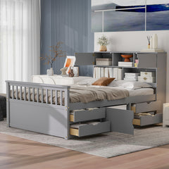 Full Size Captain Platform Bed Frame with Storage Bookcases and Shelves,Four Drawers,Gray