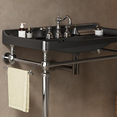 VICI 36" Bathroom Console Sink, Wall-Mounted Black Ceramic Vanity Basin with 3 Pre-drilled Faucet Holes, Freestanding Stainless Steel Support Legs with Towel Bar, No Faucet & Sink Cover, Chrome Color